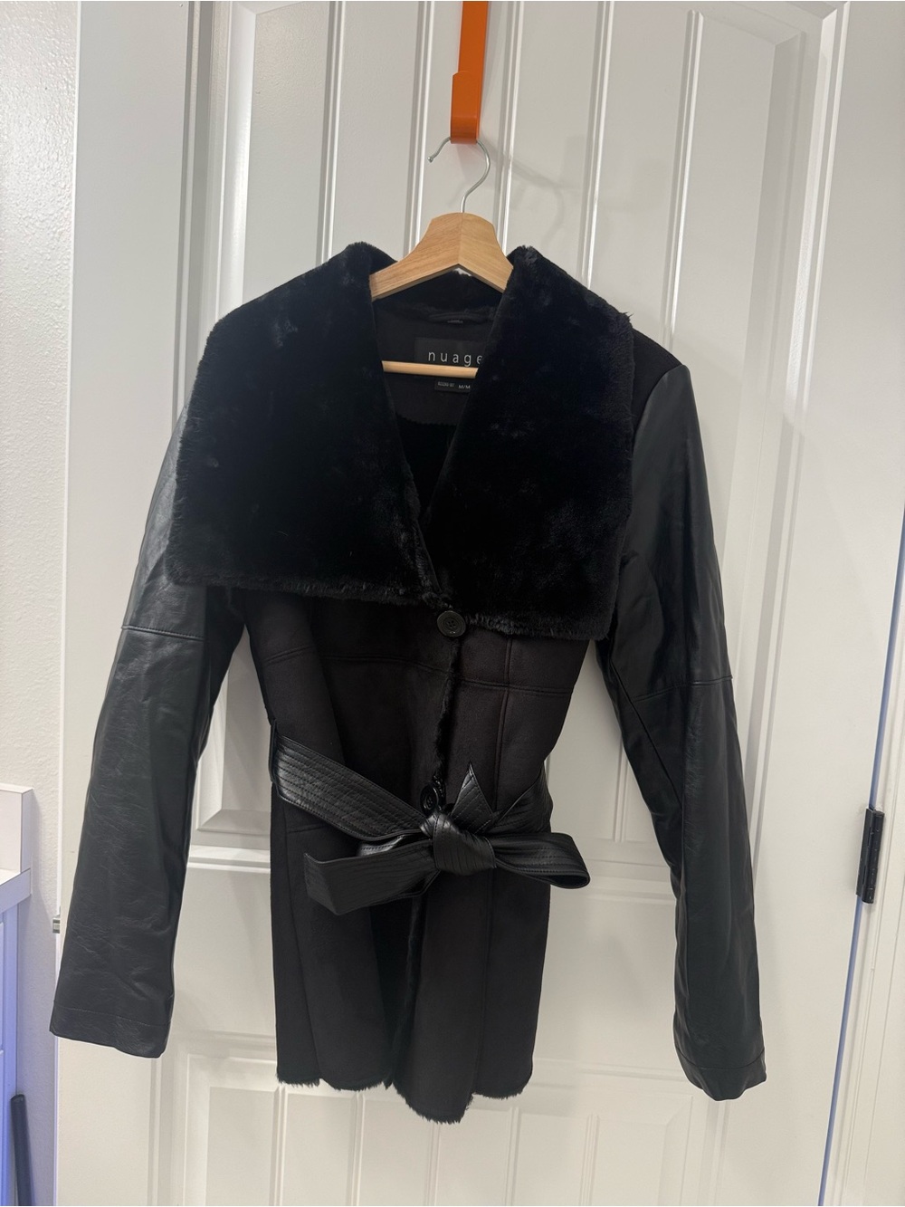 Nuage Black Faux-Fur Collar Belted Leather-Trim Coat